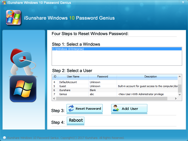 isunshare windows 7 password genius